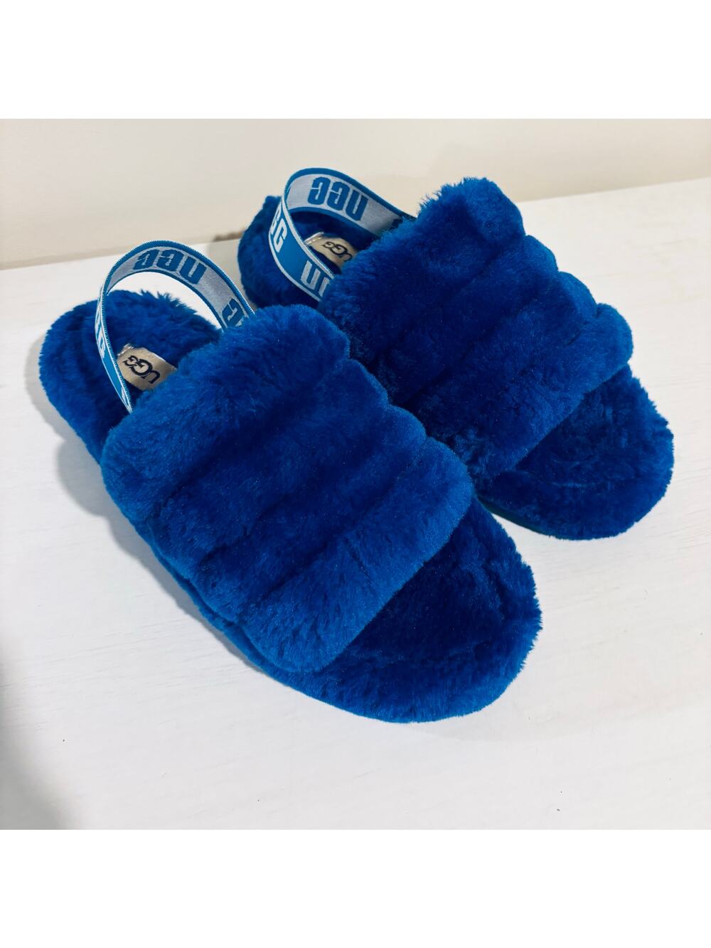 Authentic UGG Fluff Yeah Slide – Regal Blue Sheepskin Platform Slipper– Size 11